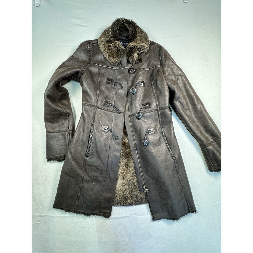 Vintage Armani Jeans Leather Coat Fur Collar Toggle Peacoat EU 38 US 2‎ Brown